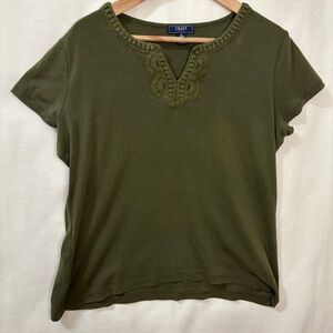 Chaps Women's short sleeve T-shirt olive green Crochet Trim Y2K Retro Casual XL‎